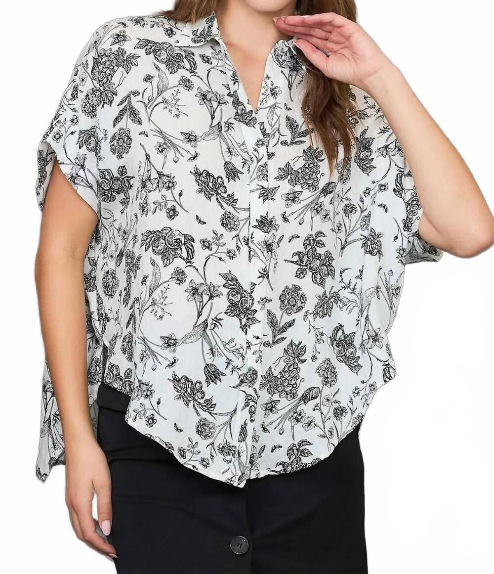 NEW UMGEE two tone floral print button down top in black